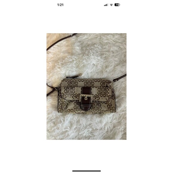 Kathy Van Zeeland Womans Brown Floral Print Crossbody Clutch Purse/Wallet EUC - Picture 3 of 9